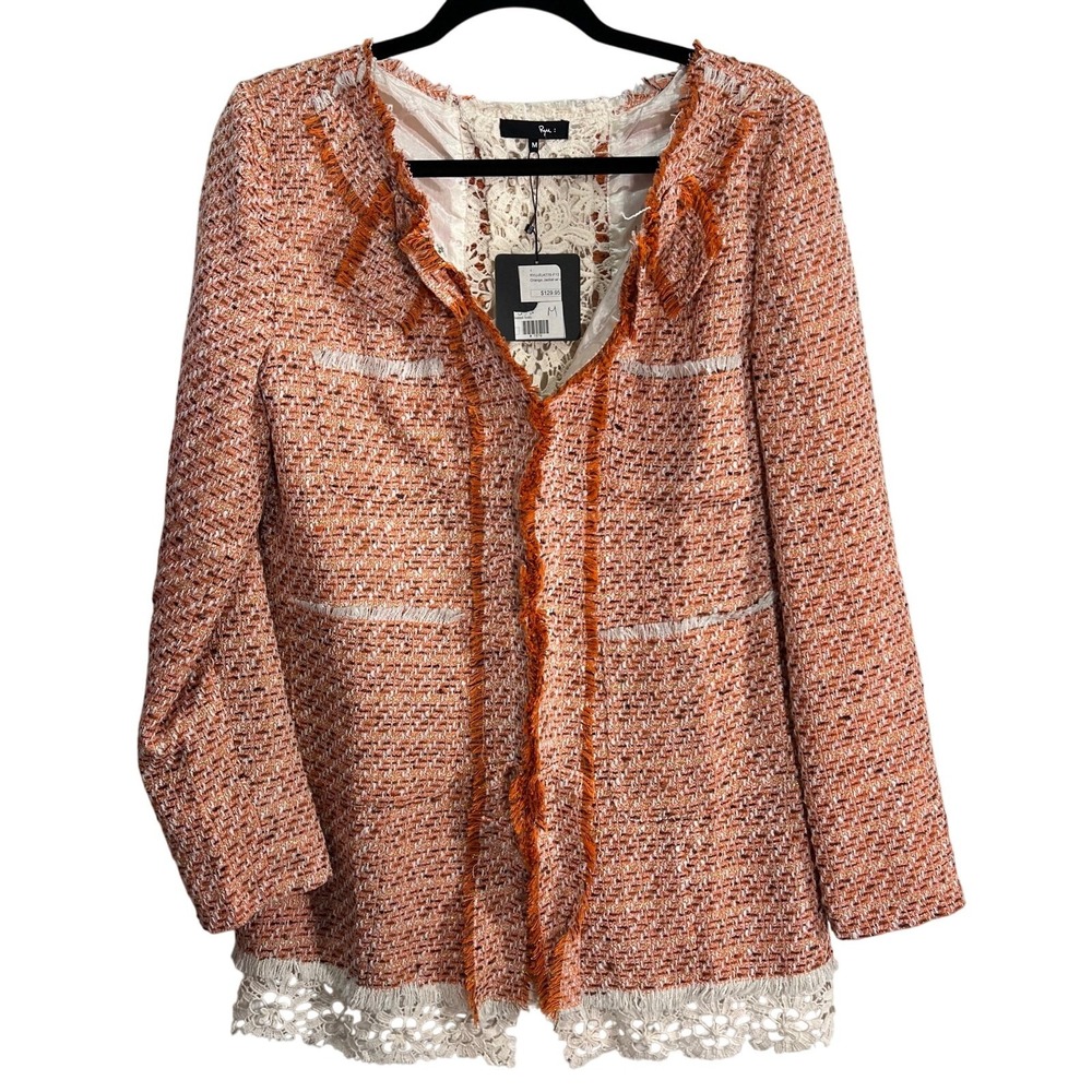 Ryu NWT Tweed Crochet Jacket Orange Cream Soze Medium Boho Classy Professional